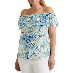 Lauren Ralph Lauren Top Womens 2X Blue Floral Linen Off Shoulder Ruffle Beachy